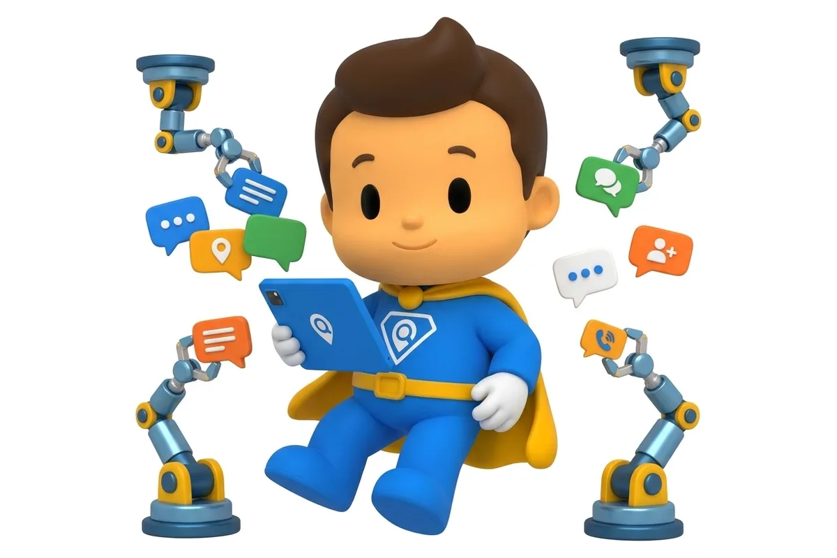 Mascote organizando mensagens num tablet com braços automáticos