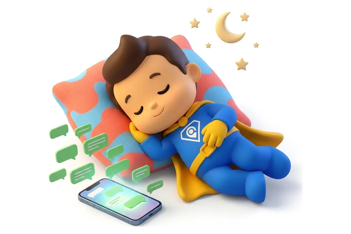 Mascote dormindo enquanto o celular recebe mensagens à noite