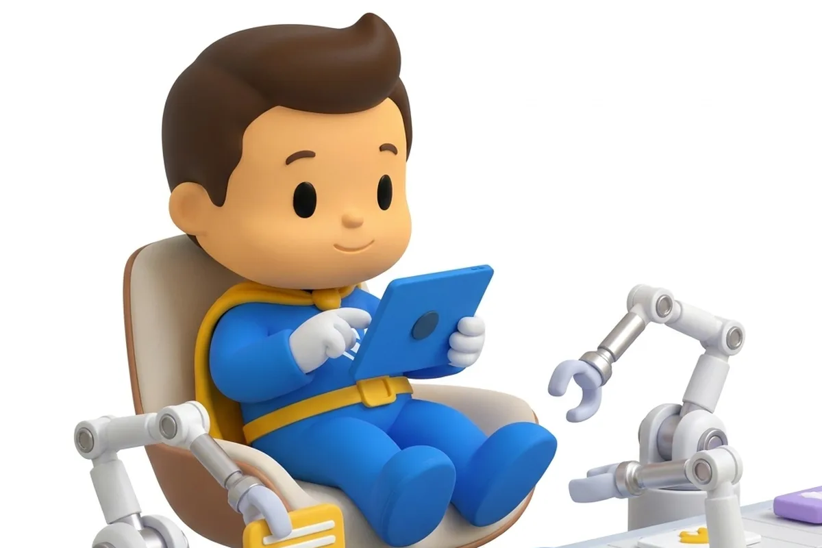Mascote operando uma esteira automática de mensagens num tablet