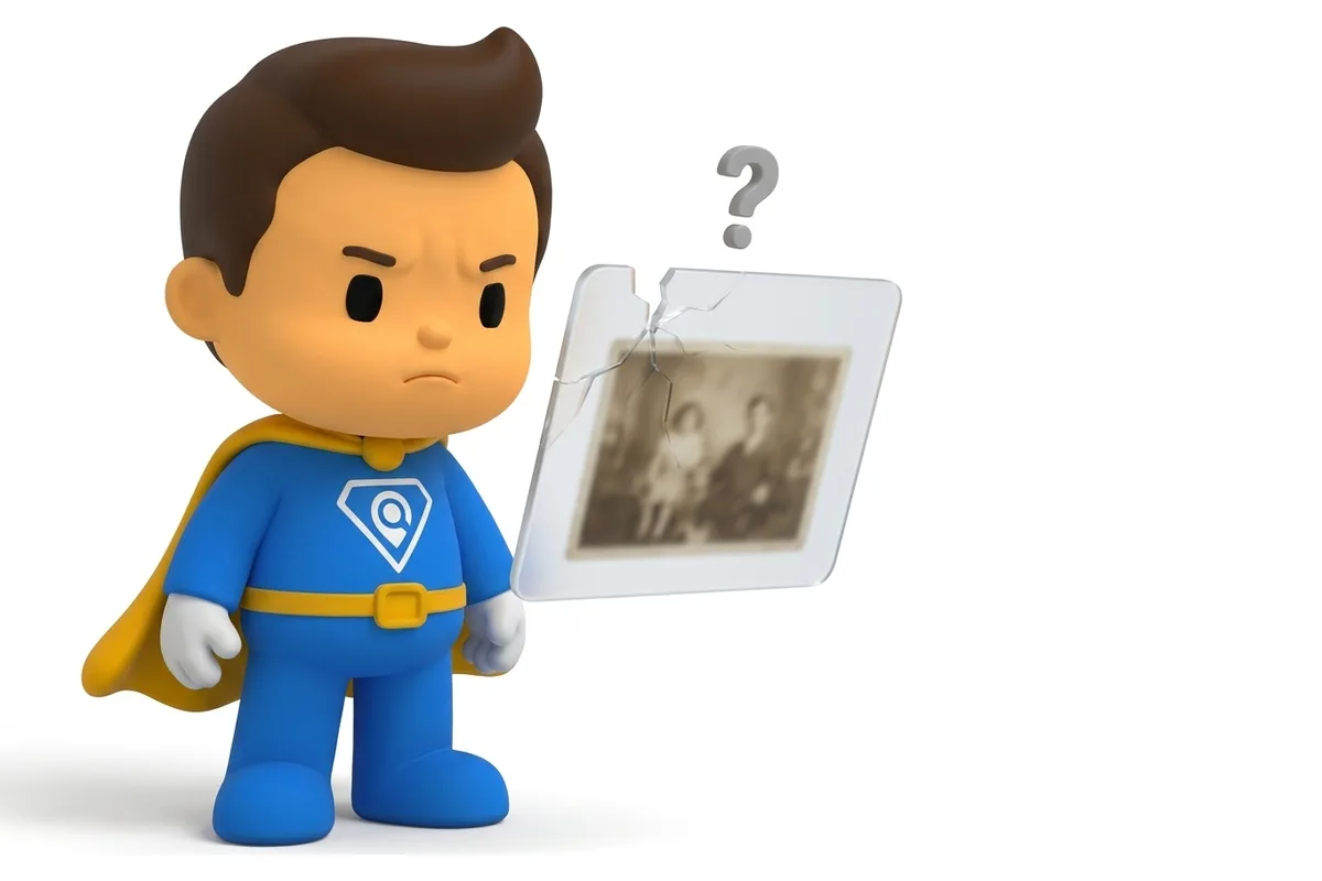 Mascote desconfiado segurando uma foto antiga