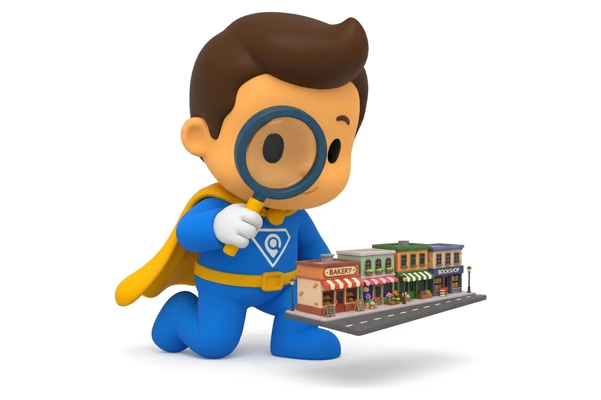 Mascote examinando com uma lupa uma rua de comércios em miniatura