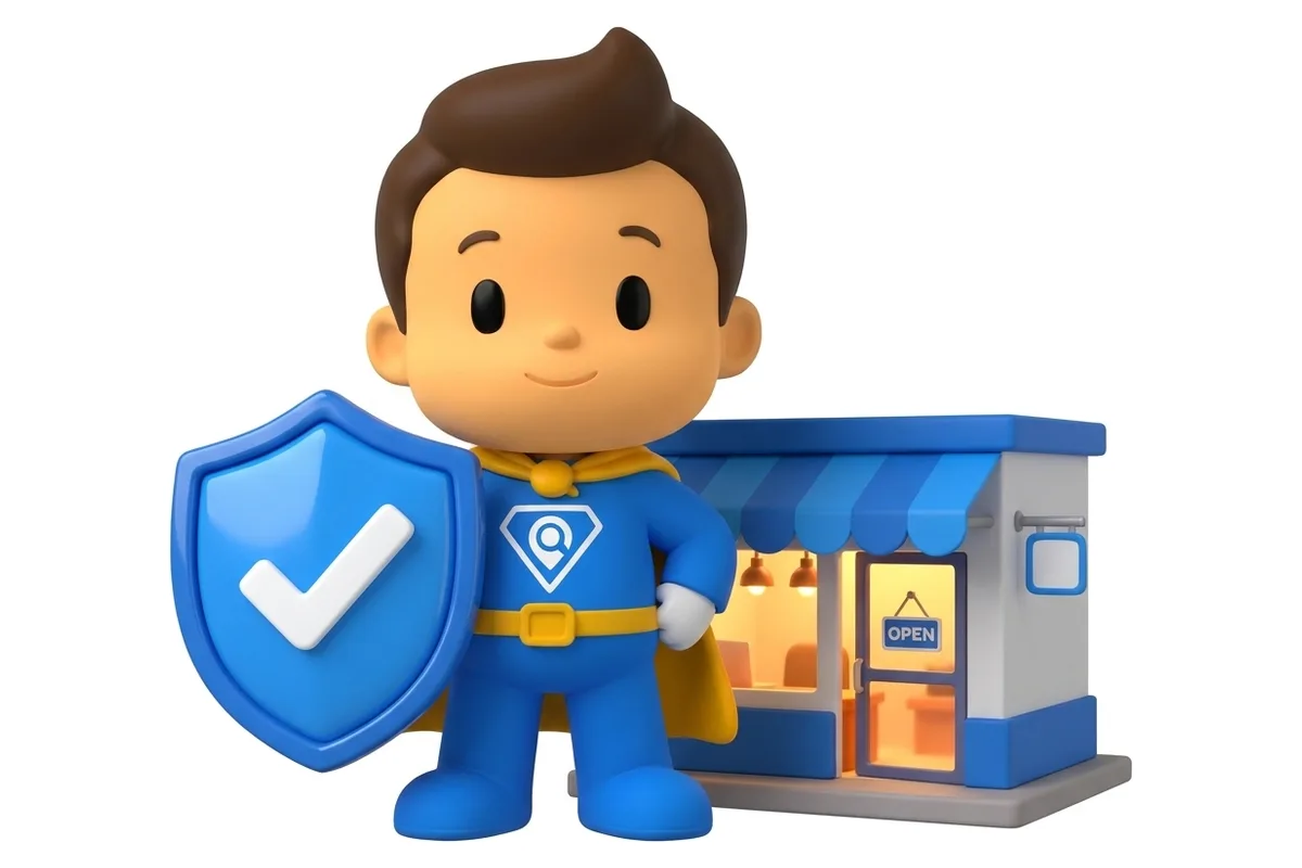 Mascote com um escudo de verificado diante de uma loja