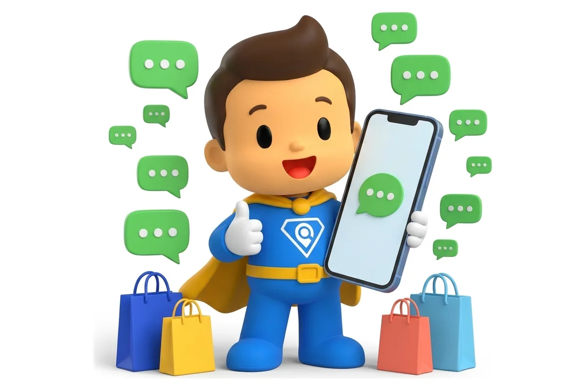 Mascote com o WhatsApp no celular cercado de mensagens