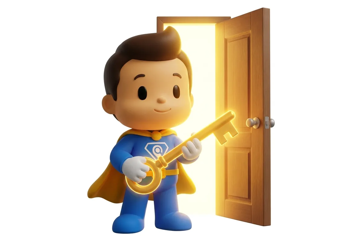 Mascote com uma chave diante de uma porta iluminada