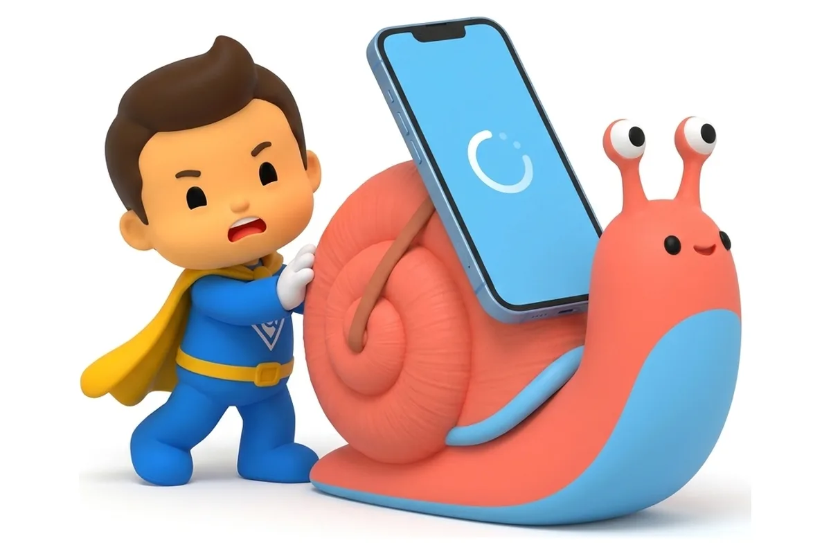 Mascote impaciente ao lado de um celular carregando sobre um caracol