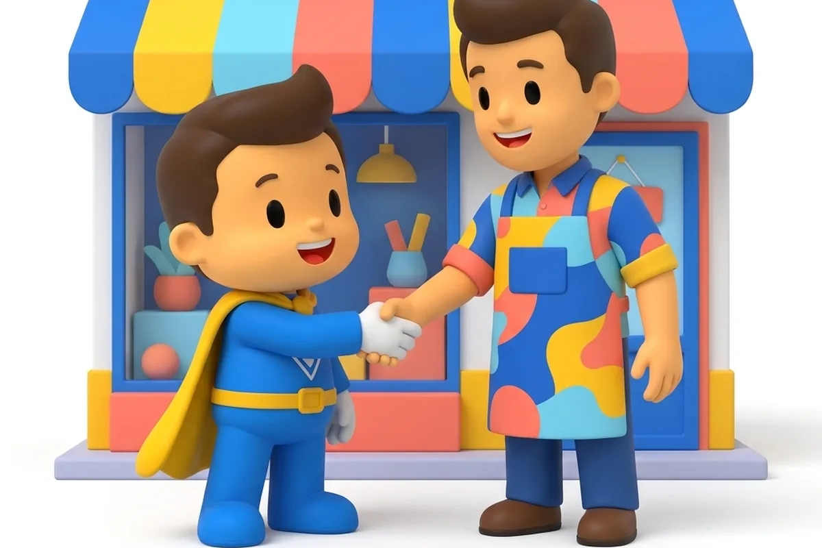 Mascote cumprimentando o dono de uma loja na porta do comércio