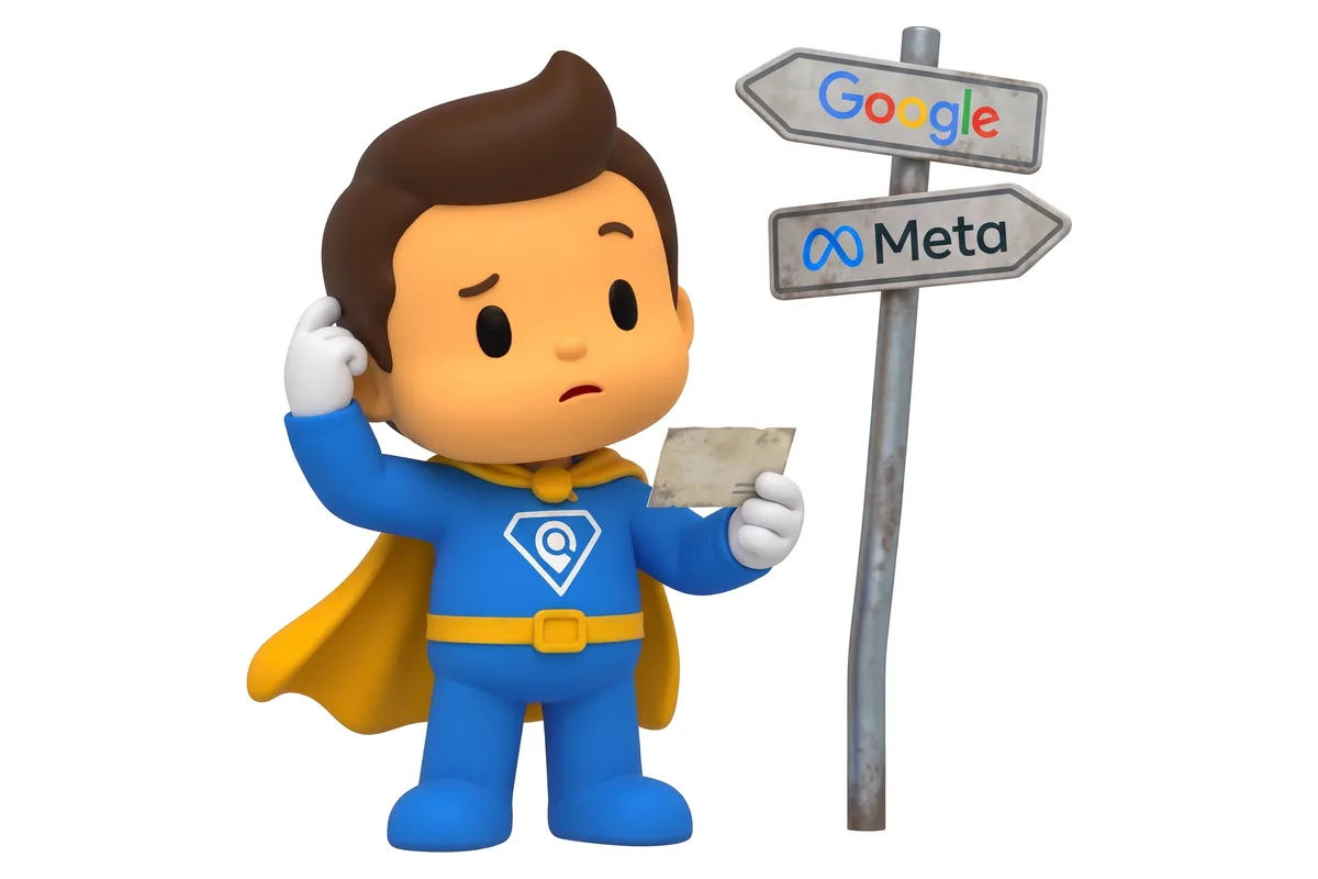 Mascote em dúvida diante de uma placa que aponta para Google e para Meta
