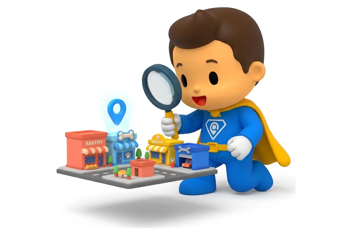 Mascote examinando com uma lupa o mapa da cidade e o ponto marcado