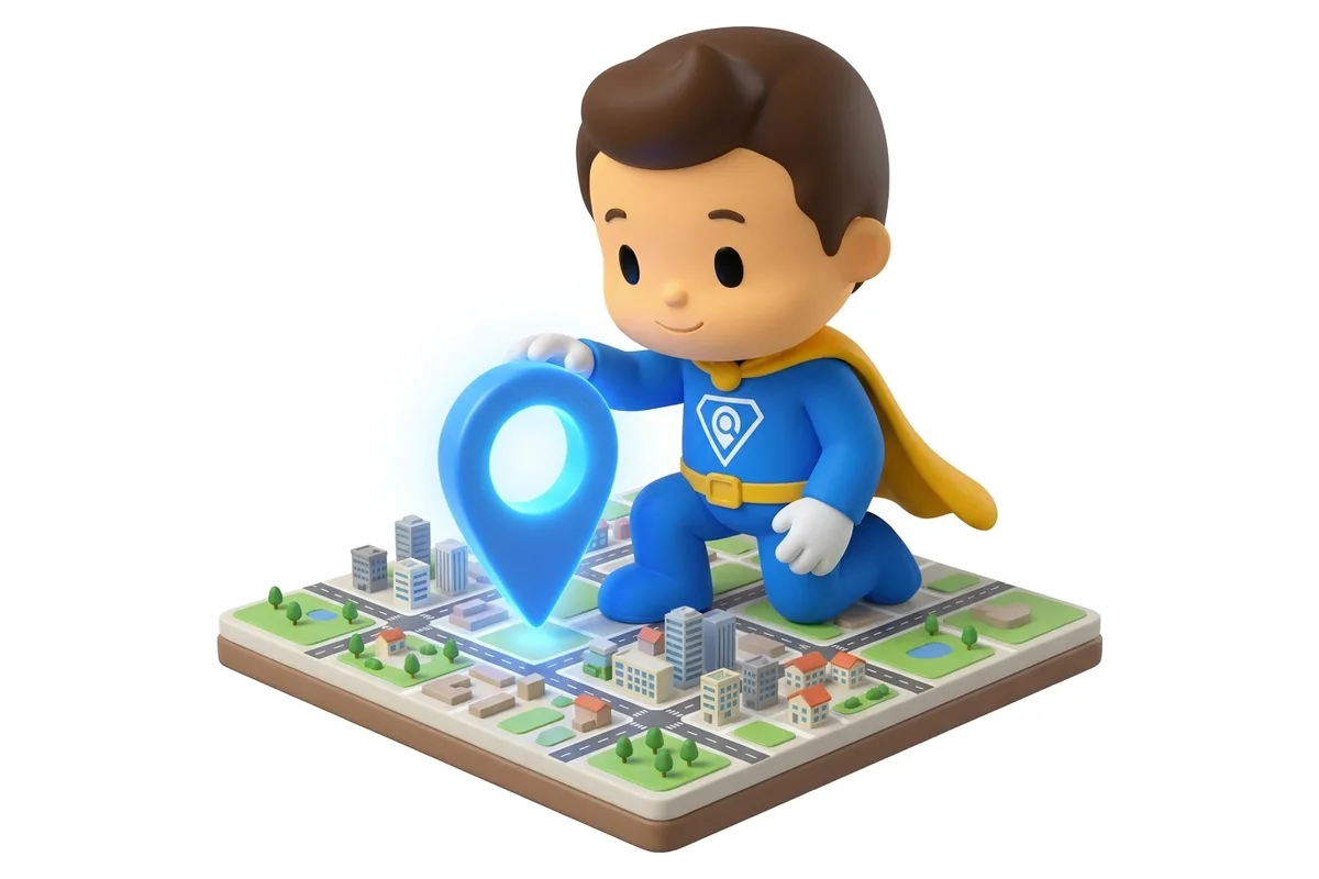 Mascote marcando um pino de localização no mapa da cidade